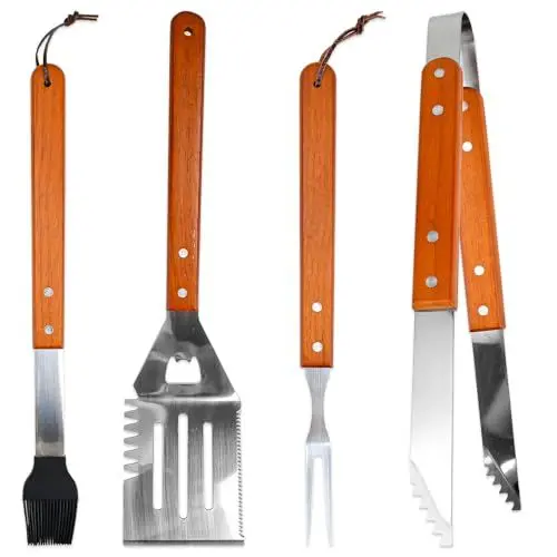 Produktbild: CAREDGO 4-teilig Grillbesteck Set Barbecue Tool aus Holz und Edelstahl Grillzange Grillgabel Grillbürste Grillwender Grill Bestecksets Grillwerkzeug BBQ Grillzubehör für Camping und Grillen im Freien
