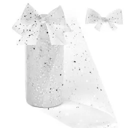 Produktbild: CAREDGO Glitzer Tüllband 15cm*30m Glitzertüll Stoff Tüll Rolle Dekostoff Weiß Glitzertüllstoff Tischband Stuhlbänder Tischedeko Tüllband mit kleine Pailletten für Hochzeit Party DIY Handwerk Geschenk