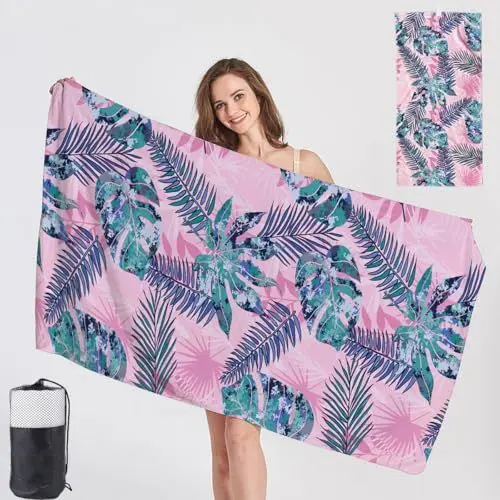 Produktbild: Caregchrisj Strandtuch XXL 180x90CM, Männer Frauen Mikrofaser Saugfähiges Strandhandtuch Groß - Rosa Blatt Muster, Strände Handtücher Großes Anwendbar auf Sauna Yoga