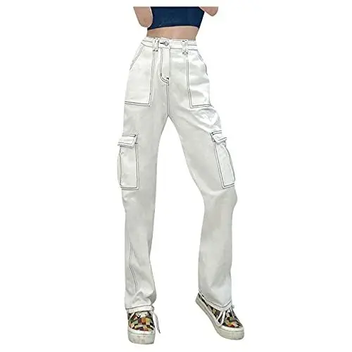 Produktbild: Cargo Jeans Damen Hosen solide Damenjeans Patchwork-Hüftknopf-Denim schlank elastisch Jeans Baggy Damen Damen Hosen Kurzgröße Jeans (White, S)