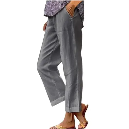 Produktbild: Cargohose Damen Weite Hosen High Waist Wanderhose Einfarbig Elastischer Bund Arbeitshosen Elegant Business Leinenhose Baumwolle und Leinen Bürohose Strand Stoffhose Outdoor Fitnesshose