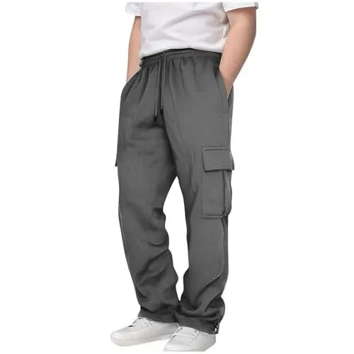 Produktbild: Cargohose Jungen Kargo Hosen Baggy Freizeithose Einfarbige Drawstring Jogginghose Hohe Taille Elastische Hose Locker Lässige Lang Hosen mit Mehrere Taschen (Dark Gray, 9-10 Years)
