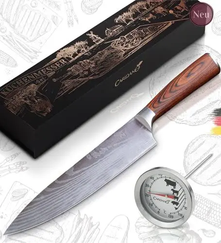 Produktbild: Caridano® Messerset - Fleischmesser inkl. Bratenthermometer - Kochmesser mit ergonomischem Holzgriff aus Pakka Holz - Küchenmesser aus hochwertigem MOV Stahl mit Damast Lasermuster - Knife Set