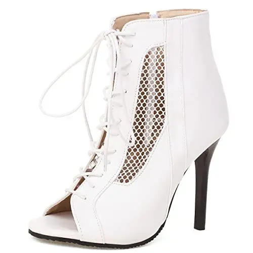 Produktbild: Carkuolary DaHerren Mode Peep Toe High Top Sommer Mesh Stiefeletten Stilettos High Heel Sandalen Sexy Schnüren Damen Dress Pumps Kurzschaft Stiefeletten für Frauen Weiß Große 34