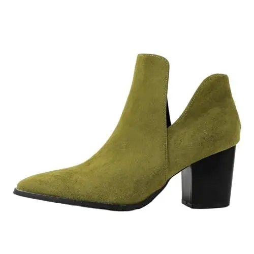 Produktbild: Carkuolary Damen Side V Cutout Kurzschaft Stiefeletten Pointed Toe Chunky Stacked Mid Heel Western Chelsea Stiefel für Frauen Mädchen Damen Grün Große 38