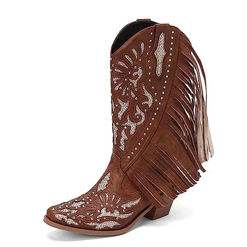 Produktbild: Carkuolary Damen Western Cowboy Arbeit Stiefel Franse Bootie Quasten Stiefel Mode Retro Klassischer Tall Boot für Frauen Mädchen Damen Braun Große 43