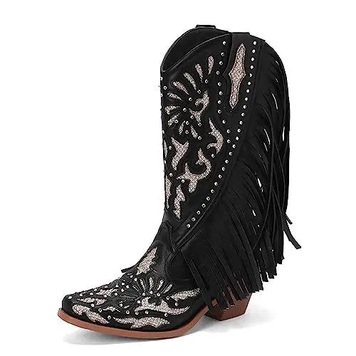 Produktbild: Carkuolary Damen Western Cowboy Arbeit Stiefel Franse Bootie Quasten Stiefel Mode Retro Klassischer Tall Boot für Frauen Mädchen Damen Schwarz Große 40