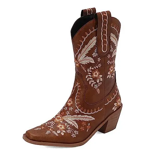 Produktbild: Carkuolary Damen Western Cowboy Arbeit Stiefel with Embroidered Mode Retro Klassischer Tall Boot für Frauen Mädchen Damen Braun Große 43