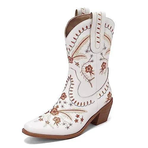 Produktbild: Carkuolary Damen Western Cowboy Arbeit Stiefel with Embroidered Mode Retro Klassischer Tall Boot für Frauen Mädchen Damen Weiß Große 33