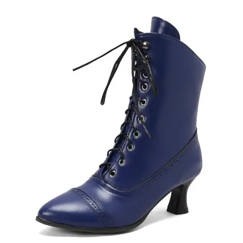 Produktbild: Carkuolary Womens Jahrgang Schnüren Calf Length Victorian Stiefel Leder Louis-XV Absatz Steampunk Gotisch Stiefel für Frauen Mädchen Damen Blau Große 37