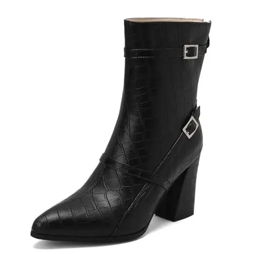 Produktbild: Carkuolary Womens Mode Animal Print crocodile Schwarz Stiefeletten Chunky Heel Knöchel Stiefel Arbeit Formal Event Party Disco Costume Winter Schuhe für Frauen Mädchen Damen Große 40