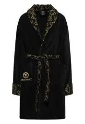 Produktbild: Carlo Colucci Premium-Bademantel Raffaele für Damen aus weicher nachhaltiger Baumwolle mit aufwendigen Details, Farbe:Schwarz und Gold, Größe:XL