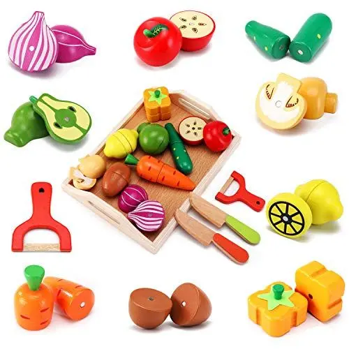 Produktbild: CARLORBO Holzspielzeug Essen für Kinder Küche - Spielen Sie Essen Schneiden von Obst und Gemüse Set für Rollenspiele, Lernspielzeug Geschenk für Kinder Kleinkinder ab 3 Jahren