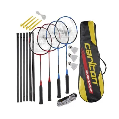 Produktbild: Carlton Tournament Badminton Schlägerset, 4 Spieler (4 Schläger, 3 Bälle, 1 Tasche, Netz & Pfosten), Black/RED, Black/Blue