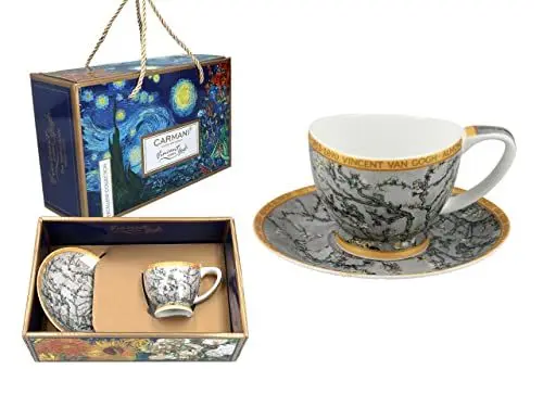 Produktbild: CARMANI - Espressotasse und Untertasse aus Keramik mit Vincent Van Gogh, Mandelblüten, 100 ml