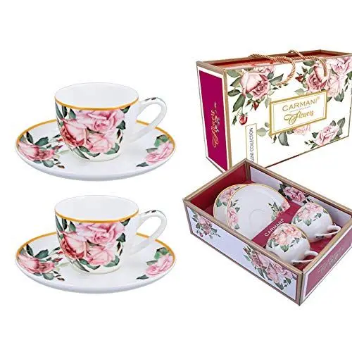 Produktbild: CARMANI - Flowers Collection Espressotasse und Untertasse 2er Set mit Rosen 100ml