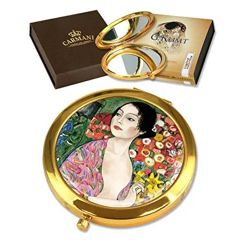 Produktbild: CARMANI - Gold überzogene Bronze Tasche, kompakte, Reisen, Spiegel mit Klimt 'die Tänzerin' Malerei verziert