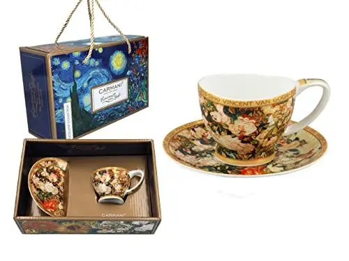 Produktbild: CARMANI - Keramik-Espressotasse und Untertasse mit Vincent Van Gogh, Vase mit Rosen, 100 ml