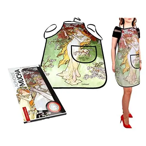 Produktbild: Carmani - Schürze Kochschürze für Küche, Backen und Gastronomie, bedruckt mit Alphonse Mucha, Vier Jahreszeiten – Frühling, mehrfarbig, 77x59cm