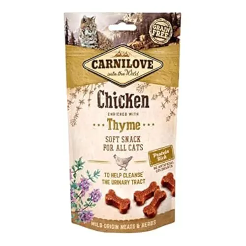Produktbild: Carnilove Semi-Moist Chicken enriquecido con tomillo | 50 g | Snack blando para gatos | Puede contribuir a la limpieza de las vías urinarias | Sin patatas ni cereales