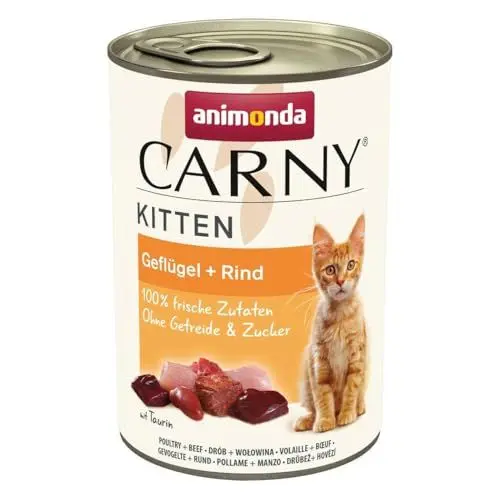 Produktbild: Carny Katzen Nassfutter Kitten Geflügel + Rind (12 x 400g), Kitten Katzen Nassfutter ohne Getreide und Zucker von animonda für wachsende Kätzchen bis 1 Jahr, mit frischen Zutaten