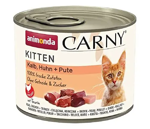 Produktbild: Carny Katzen Nassfutter Kitten Kalb + Huhn + Pute (12 x 200g), Kitten Katzen Nassfutter ohne Getreide und Zucker von animonda für wachsende Kätzchen bis 1 Jahr, mit frischen Zutaten