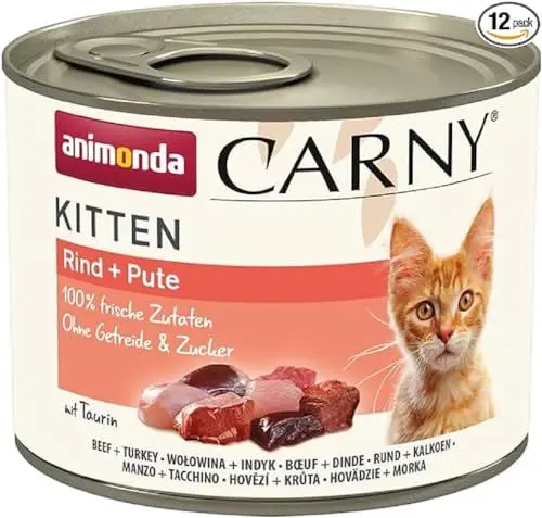 Produktbild: Carny Katzen Nassfutter Kitten Rind + Pute (12 x 200g), Kitten Katzen Nassfutter ohne Getreide und Zucker von animonda für wachsende Kätzchen bis 1 Jahr, mit frischen Zutaten