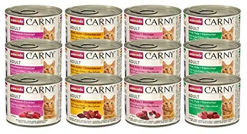 Produktbild: Carny Katzen Nassfutter Mix Kräftige Variation (12 x 200g), Katzen Nassfutter ohne Getreide und Zucker für ausgewachsene Katzen von animonda mit frischen fleischlichen Zutaten