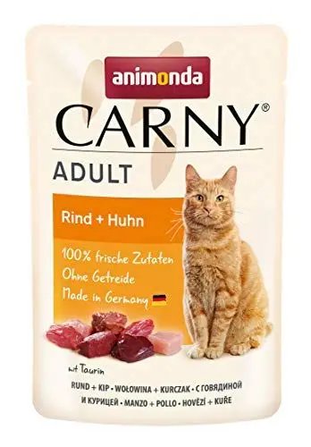 Produktbild: Carny Katzenfutter nass Pouch Rind + Huhn (12 x 85g), Katzen Nassfutter ohne Getreide und Zucker für ausgewachsene Katzen von animonda mit frischen fleischlichen Zutaten, praktische Portionsbeutel