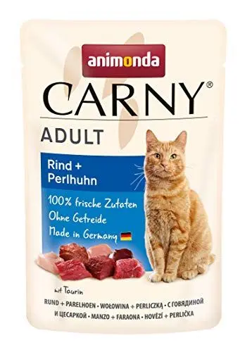 Produktbild: Carny Katzenfutter nass Pouch Rind + Perlhuhn (12 x 85g), Katzen Nassfutter ohne Getreide und Zucker für ausgewachsene Katzen von animonda mit frischen fleischlichen Zutaten, praktische Portionsbeutel