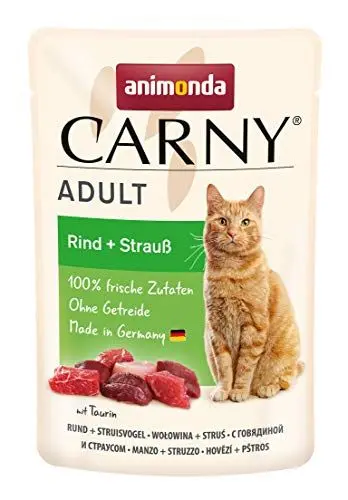 Produktbild: Carny Katzenfutter nass Pouch Rind + Strauß (12 x 85g), Katzen Nassfutter ohne Getreide und Zucker für ausgewachsene Katzen von animonda mit frischen fleischlichen Zutaten, praktische Portionsbeutel