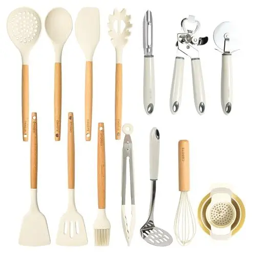 Produktbild: CAROTE Küchenhelfer Set 16 Stücke, Silikon Küchenutensilien Antihaftes Hitzebeständiges Küchenhelfer Set mit Holzgriff zum Kochen, Backen,BPA Frei, Spülmaschinenfest