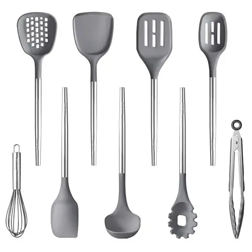Produktbild: CAROTE Pfannenwender Edelstahl,Küchenhelfer Set 9 Stücke, Silikon Küchenuten silien Antihaftes Hitzebeständiges Pfannenwender Küchenhelfer zum Kochen, Backen,BPA Frei, Spülmaschinenfest