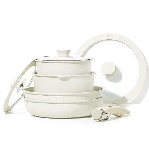 Produktbild: CAROTE Topfsets Pfannenset mit abnehmbaren Griffen 8-Teilig,2 Pfannen 26cm,18/20cm Töpfe Pfannen Set mit Deckel, Induktion Töpfe Set,Antihaftbeschichtet,stapelbar platzsparend, für alle Herdarten