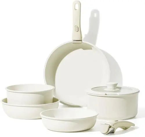 Produktbild: CAROTE Topfsets Pfannenset mit abnehmbaren Griffen 8-Teilig,Pfanne 22/26/30cm,Stielkasserolle 18/22cm, Antihaftversiegelung,stapelbar topf pfannen set Für alle Herdarten Induktion,Ofenfest