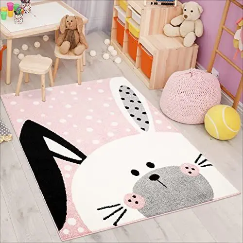 Produktbild: carpet city Kinderteppich Bubble Kids Flachflor Schlappohr-Hase, weiß gepunktet in Rosa für Kinderzimmer·· Größe: 140x200 cm, bubble-1316-rosa-140x200