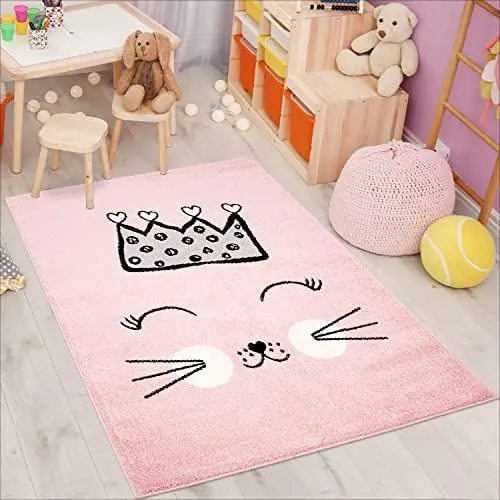 Produktbild: carpet city Kinderteppich Bubble Kids Flachflor mit Katze und Krone in Rosa für Kinderzimmer·· Größe: 140x200 cm