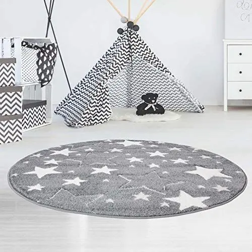Produktbild: carpet city Kinderteppiche Sterne Motiv Grau 120x120 cm Rund Glanzgarn Spielteppich