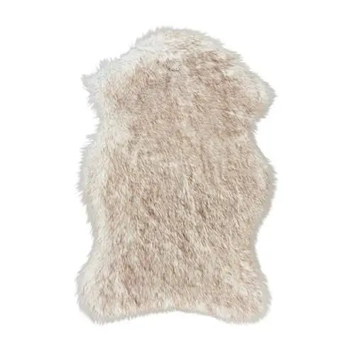 Produktbild: carpet city Kunstfell-Teppich Hochflor Wohnzimmer, Kamin - Fellförmig 60x90 cm - Meliert, Beige-Weiß - Kuschlig-weicher Bettvorleger Schlafzimmer - Polyester - rutschfeste Unterseite