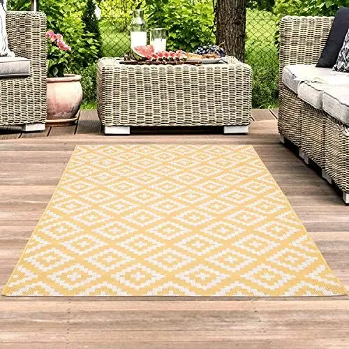 Produktbild: carpet city Outdoor-Teppich Läufer Wetterfest Balkon Terrasse Modern Geometrisches Muster in Gelb·· Größe: 60x230 cm