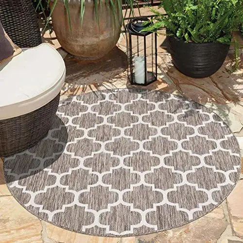 Produktbild: carpet city Outdoor-Teppich Wetterfest Balkon Terrassen - Beige in 200x200 cm Rund - Deko Teppiche Außen Wasserfest - Balkondekoration Marokkanisch Wohnzimmerteppiche
