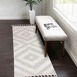 Produktbild: carpet city Teppich-Läufer Flur Boho-Stil Creme, Graublau - 80x300 cm - Rauten-Muster - Relief-Optik, 3D-Effekt - Cut-&Loop, Sisal - Moderne Fransen-Teppiche Schlafzimmer