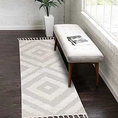Produktbild: carpet city Teppich-Läufer Flur Boho-Stil Creme, Graublau - 80x300 cm - Rauten-Muster - Relief-Optik, 3D-Effekt - Cut-&Loop, Sisal - Moderne Fransen-Teppiche Schlafzimmer