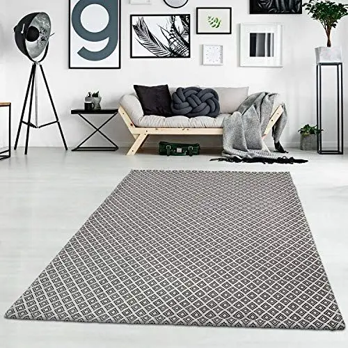 Produktbild: carpet city Teppich Baumwolle - Grau Schwarz 130x190 cm Rauten-Skandi-Muster - Teppiche Modern Wohnzimmer