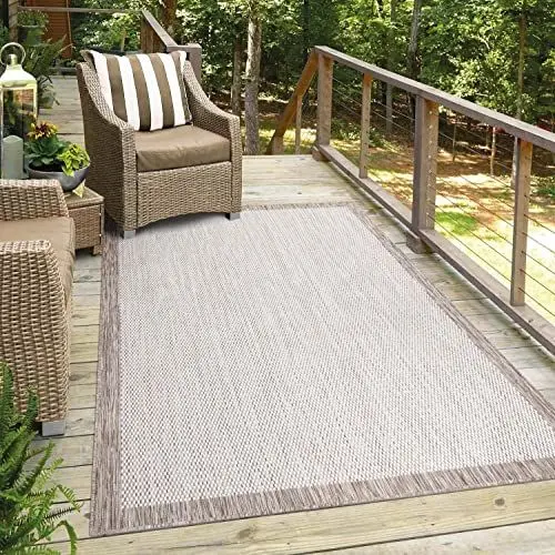 Produktbild: carpet city Teppich Outdoor Wetterfest - Beige - 200x200 cm Quadratisch - Bordüre - Balkon Teppich Wasserabweisend - In-& Outdoor Teppiche für Terrasse, Garten, Küche, Bad oder Wohnzimmer