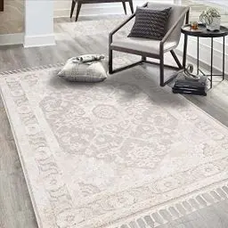 Produktbild: carpet city Teppich Wohnzimmer Boho-Stil Creme - 120x170 cm - Ornamente, Bordüre - Relief-Optik, 3D-Effekt - Cut-&Loop, Sisal - Moderne Fransen-Teppiche Schlafzimmer