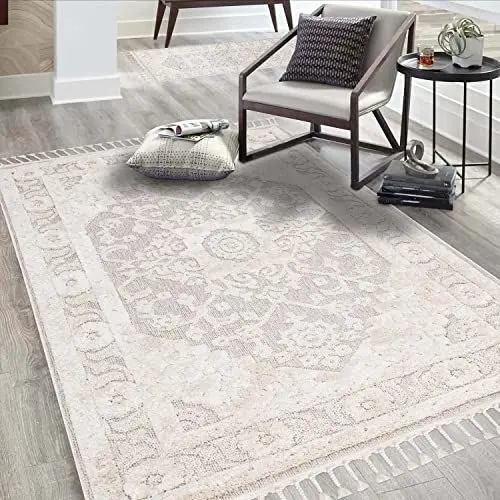 Produktbild: carpet city Teppich Wohnzimmer Boho-Stil Creme - 120x170 cm - Ornamente, Bordüre - Relief-Optik, 3D-Effekt - Cut-&Loop, Sisal - Moderne Fransen-Teppiche Schlafzimmer