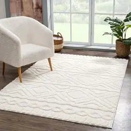 Produktbild: carpet city Teppich Wohnzimmer Hochflor Creme - 200x290 cm - Rauten Hochtief-Muster, 3D-Effekt - Bettvorleger Schlafzimmer Teppiche Boho, Skandi