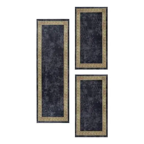Produktbild: Carpetsale24 Bettumrandung Schlafzimmer 3 teilig Mäander Design Schwarz-Gold Bettvorleger Schlafzimmer Bettset: 2 St. 80x150 cm | 1 St. 80x250 cm - Waschbarer Teppich Läufer Set Baumwollrücken