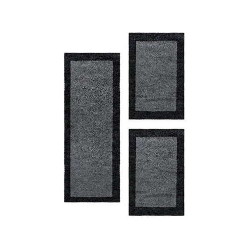 Produktbild: Carpetsale24 Bettumrandung Schlafzimmer 3 teilig Shaggy Hochflor Teppich Anthrazit Bettvorleger Schlafzimmer Bettset: 2 St. 60x110 cm | 1 St. 80x150 cm - Teppich Läufer Set Bordüre Design